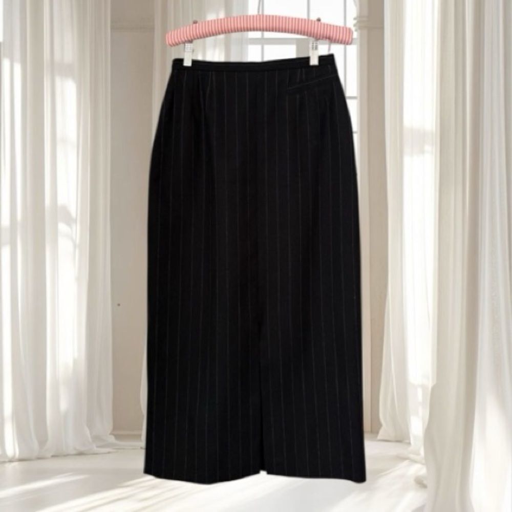 VTG Harvé Benard Black 100% Wool Pinstripe Double Slit Midi Skirt Size 6